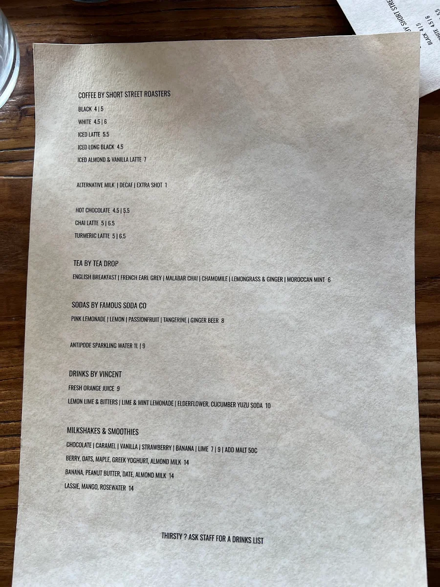 Menu, Vincent Diner