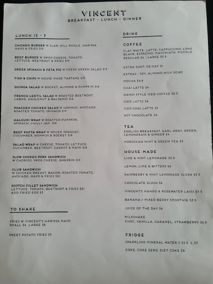Menu, Vincent Diner
