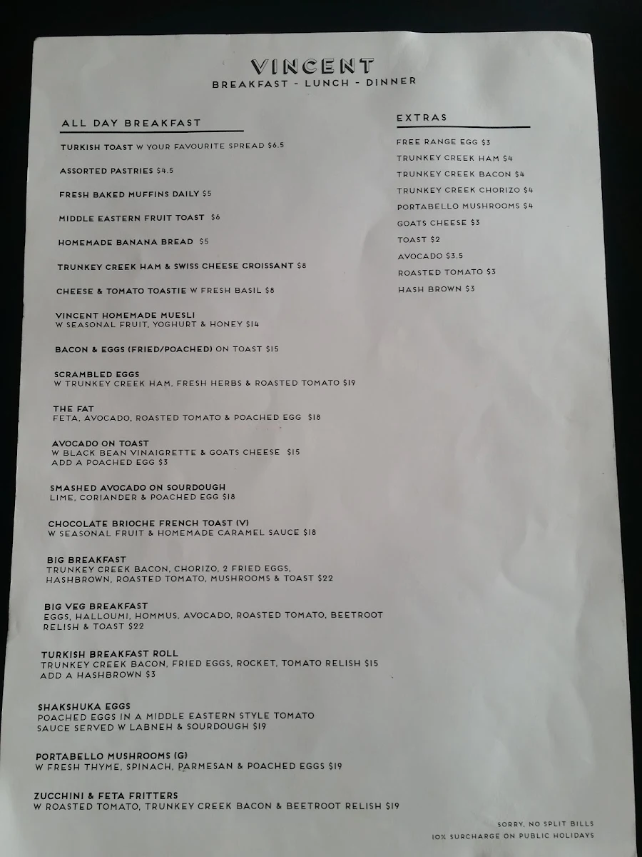 Menu, Vincent Diner