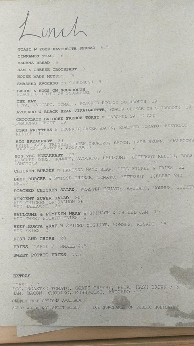 Menu, Vincent Diner