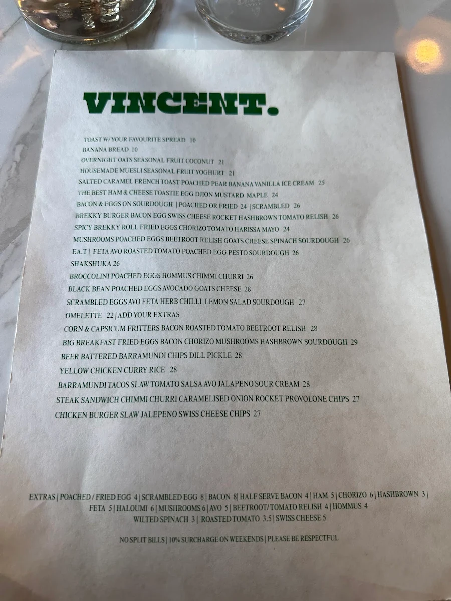 Menu, Vincent Diner