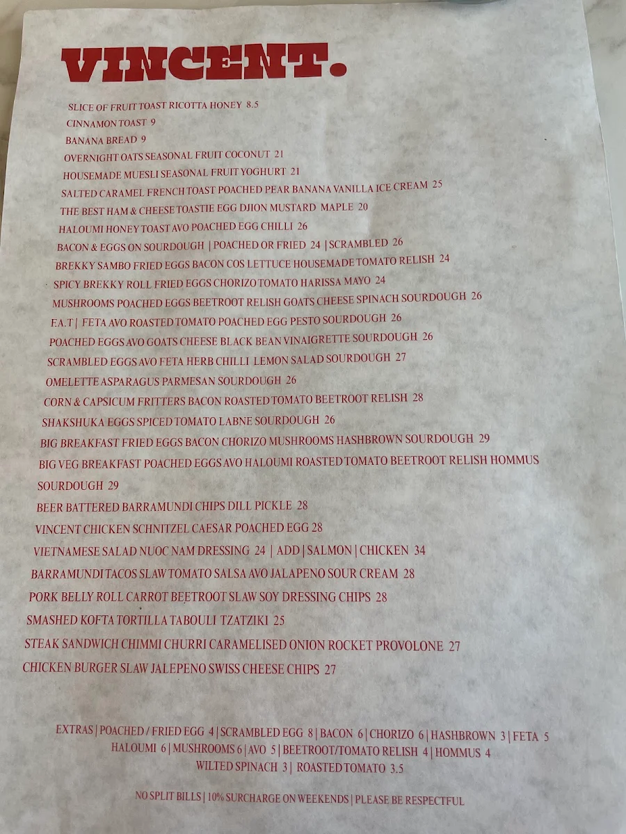 Menu, Vincent Diner