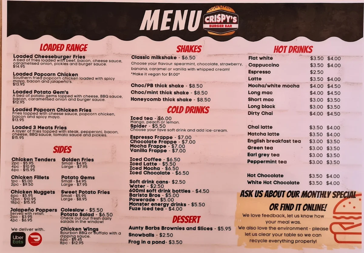 Menu, Crispy's Burgers