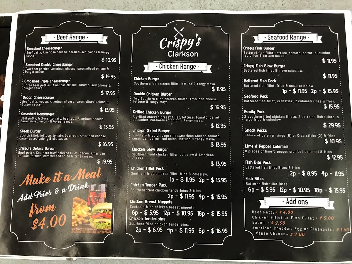 Menu, Crispy's Burgers
