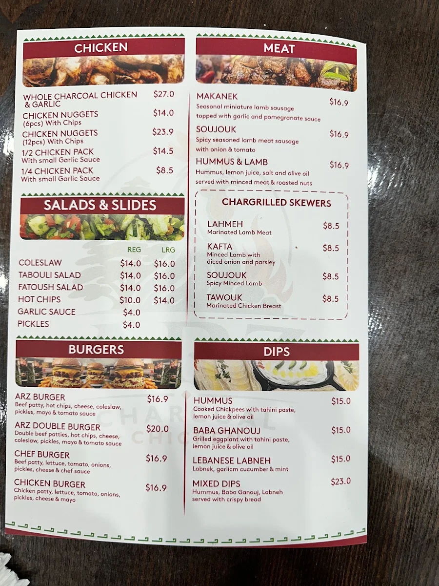 Menu, Arz Charcoal Chicken