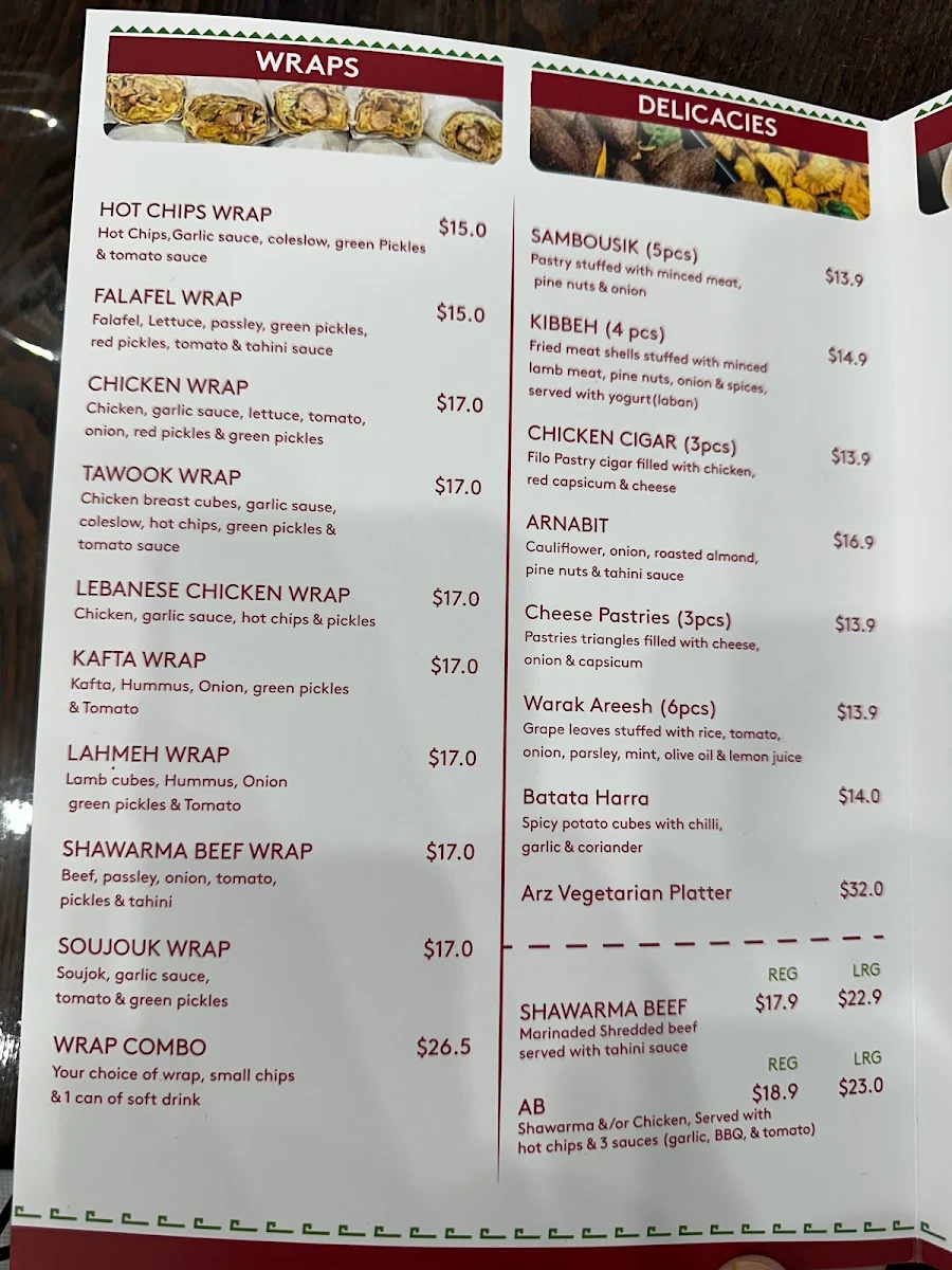 Menu, Arz Charcoal Chicken
