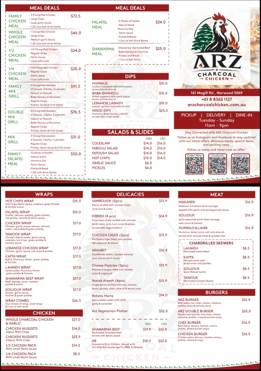 Menu, Arz Charcoal Chicken
