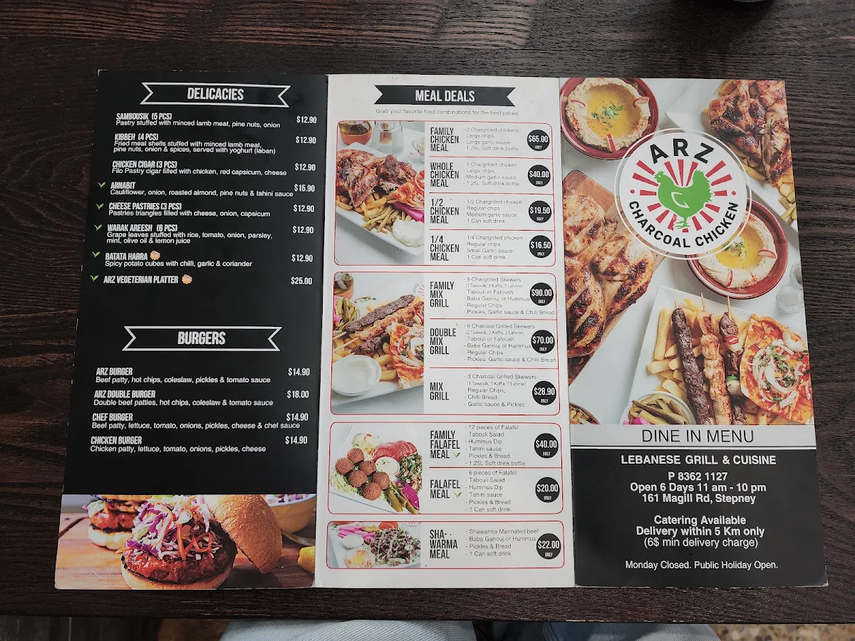 Menu, Arz Charcoal Chicken