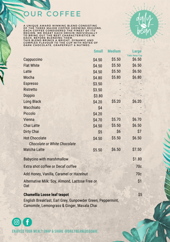 Menu, Daily Bean ED Square