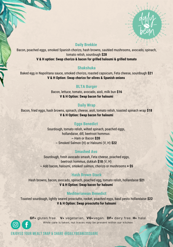 Menu, Daily Bean ED Square