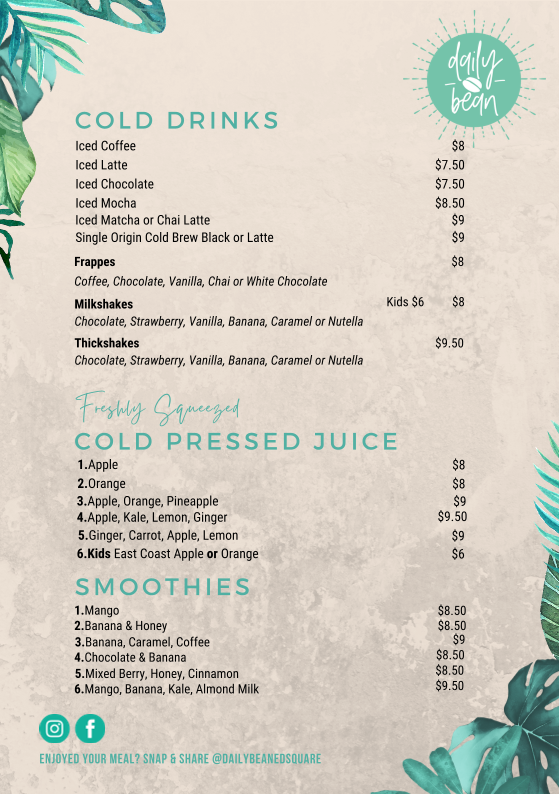 Menu, Daily Bean ED Square