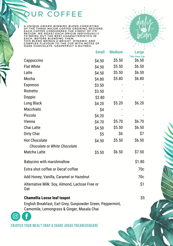 Menu, Daily Bean ED Square