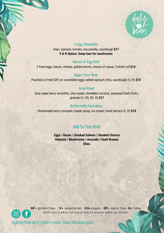Menu, Daily Bean ED Square