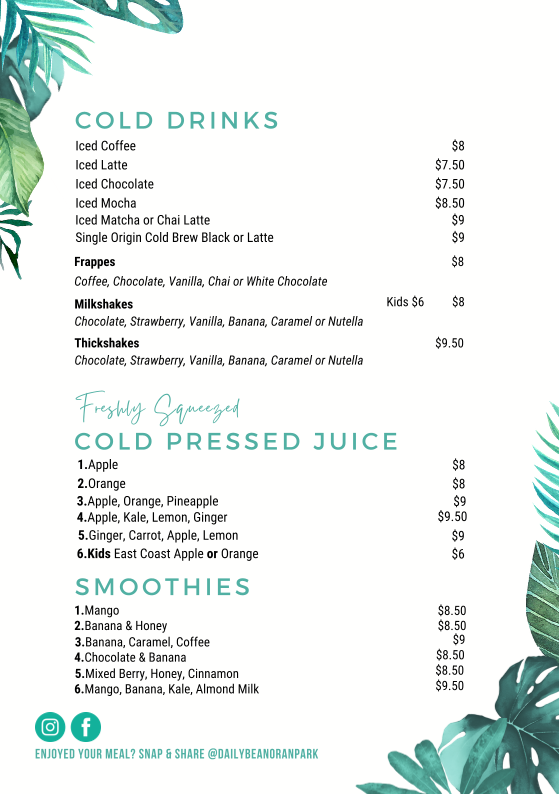 Menu, Daily Bean ED Square