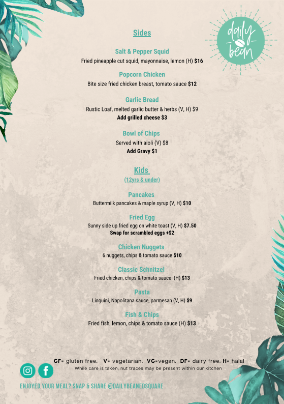 Menu, Daily Bean ED Square