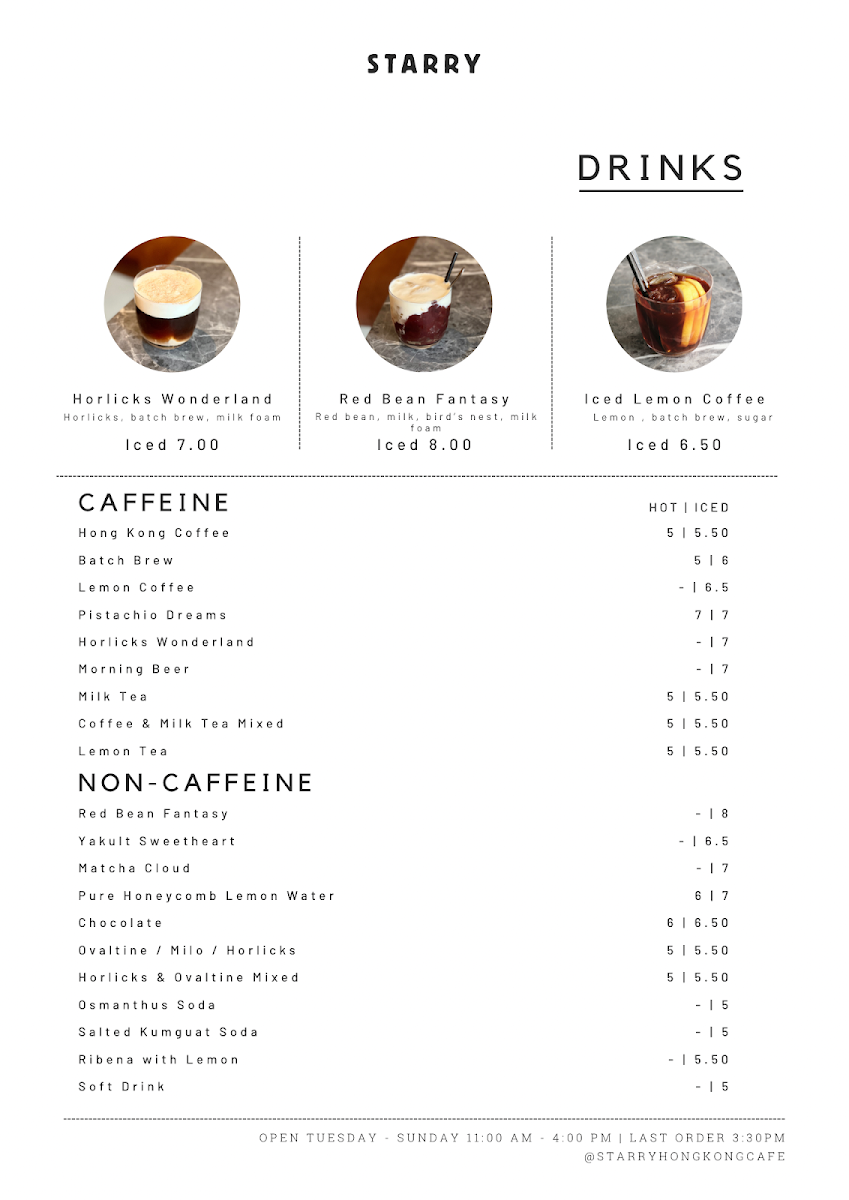 Menu, Starry Hong Kong Cafe