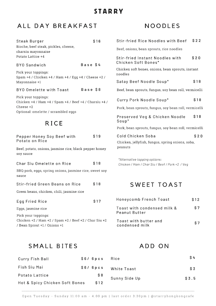 Menu, Starry Hong Kong Cafe