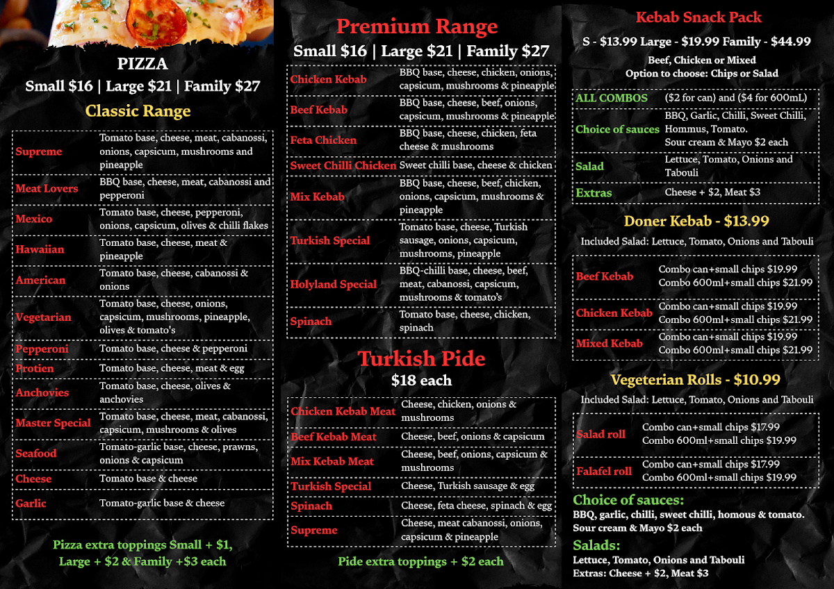 Menu, Holyland Kebab and Pizza