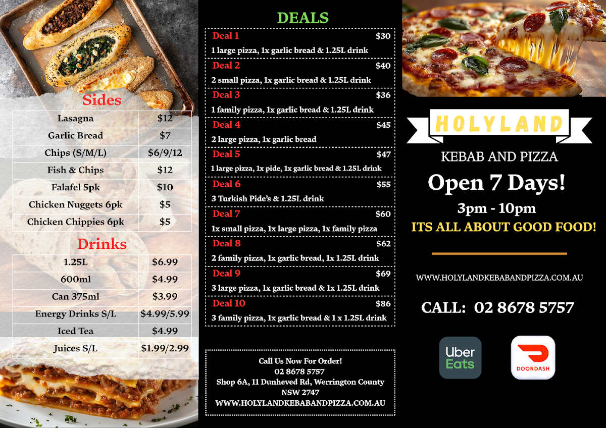 Menu, Holyland Kebab and Pizza