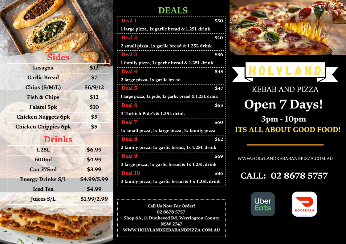 Menu, Holyland Kebab and Pizza