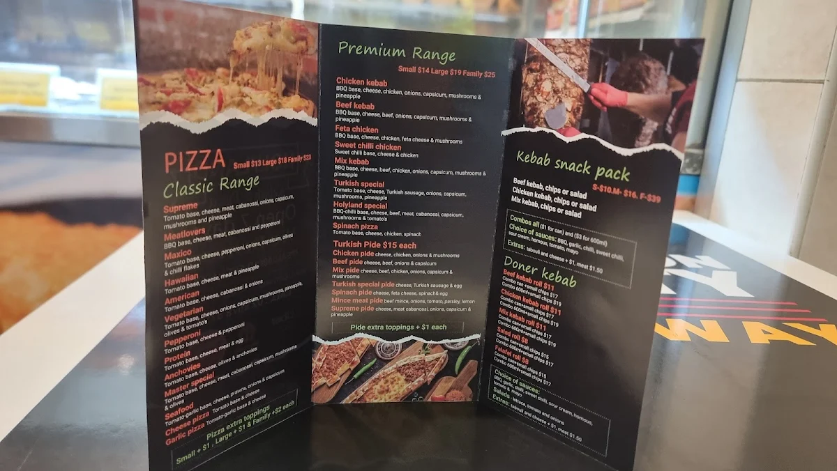 Menu, Holyland Kebab and Pizza
