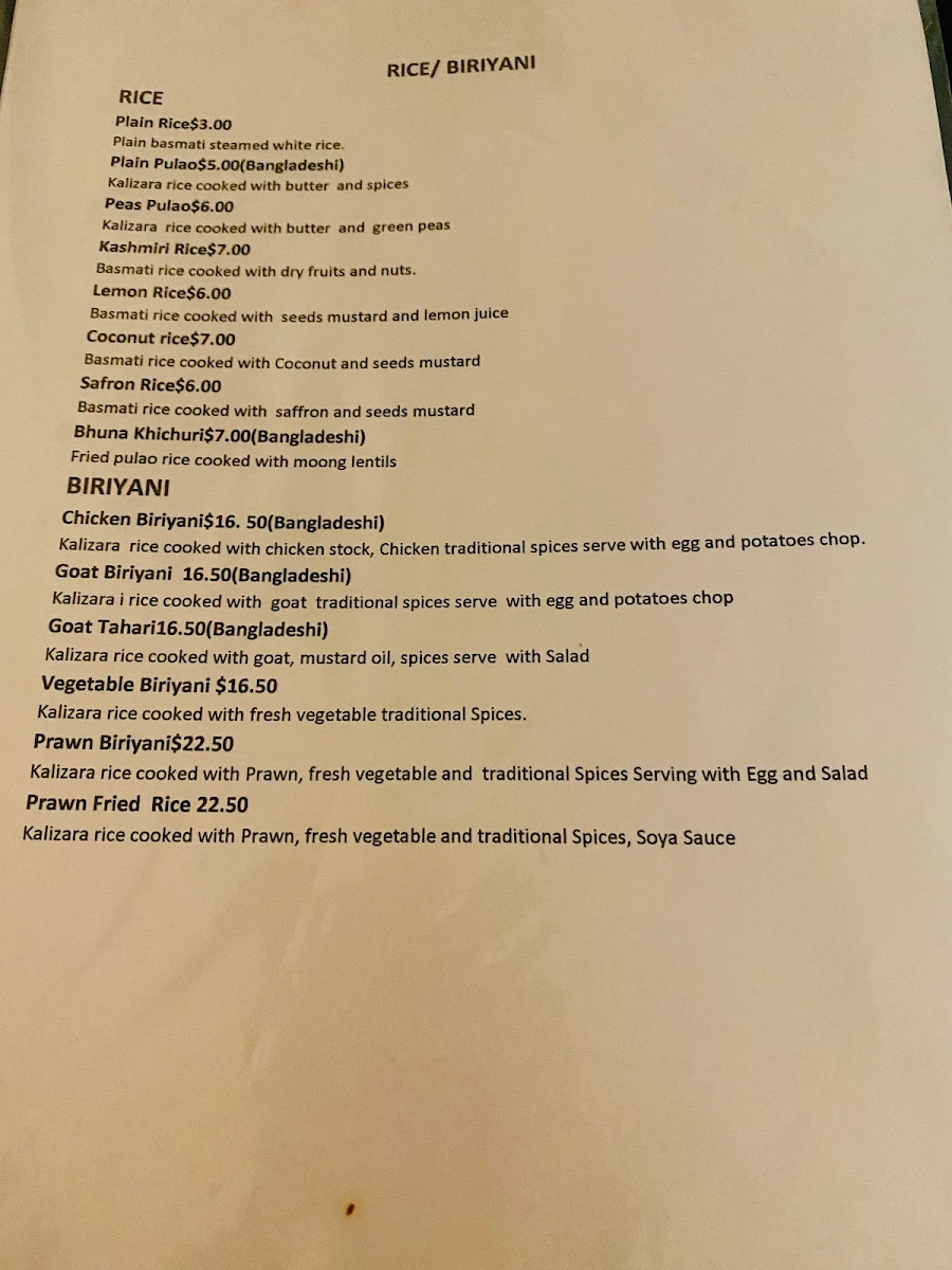 Menu, Madhumoti Restaurant