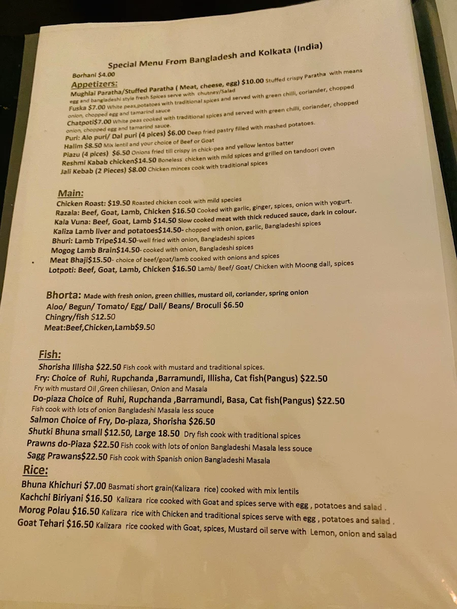 Menu, Madhumoti Restaurant