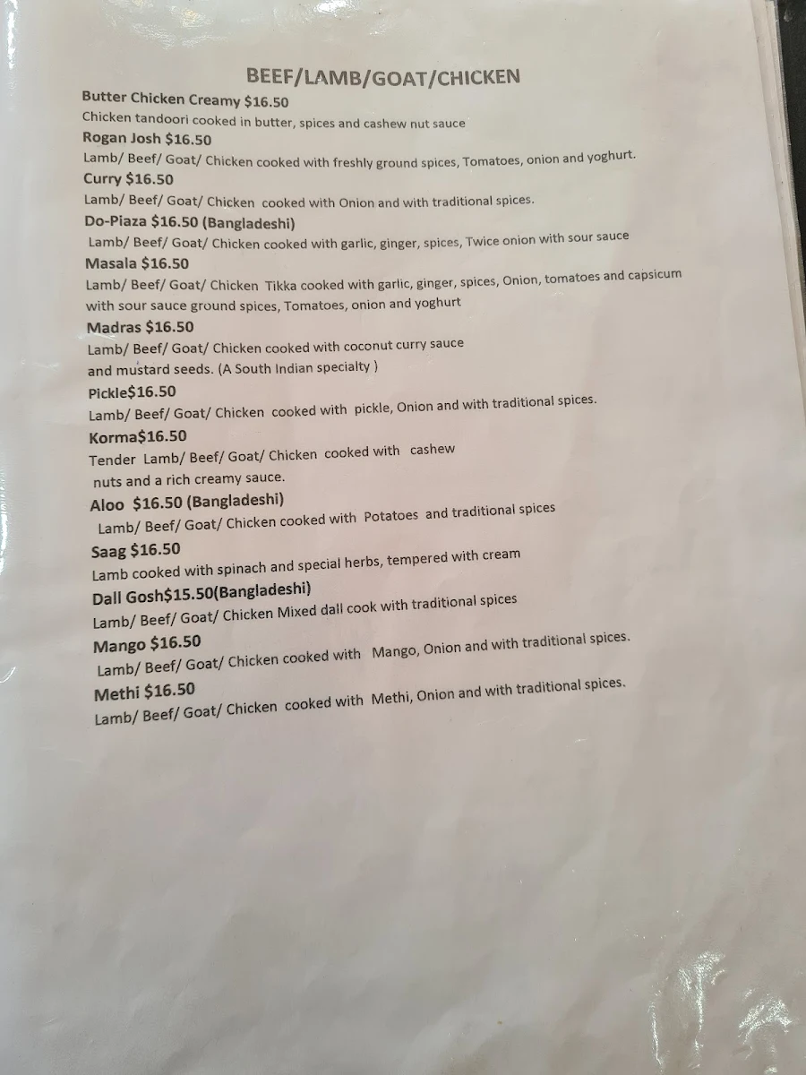 Menu, Madhumoti Restaurant