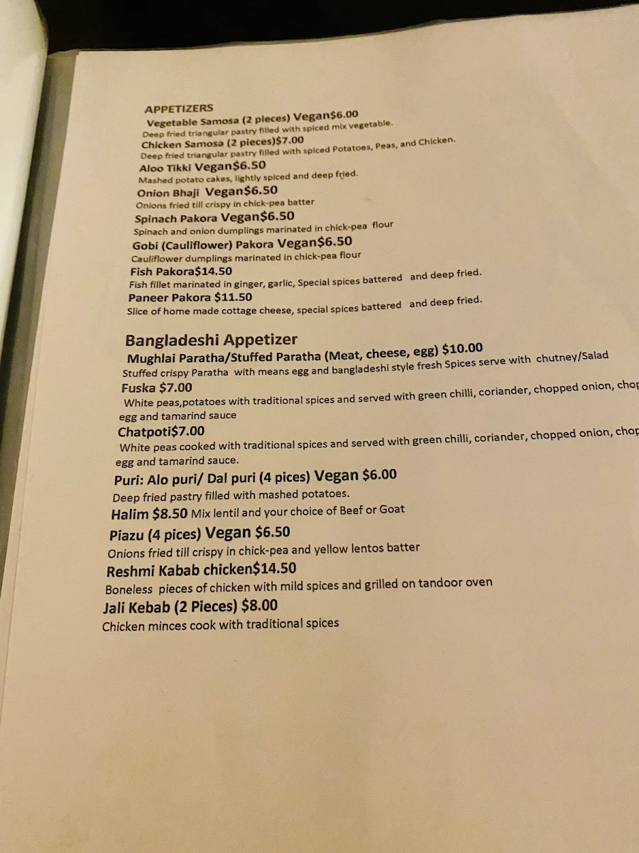 Menu, Madhumoti Restaurant