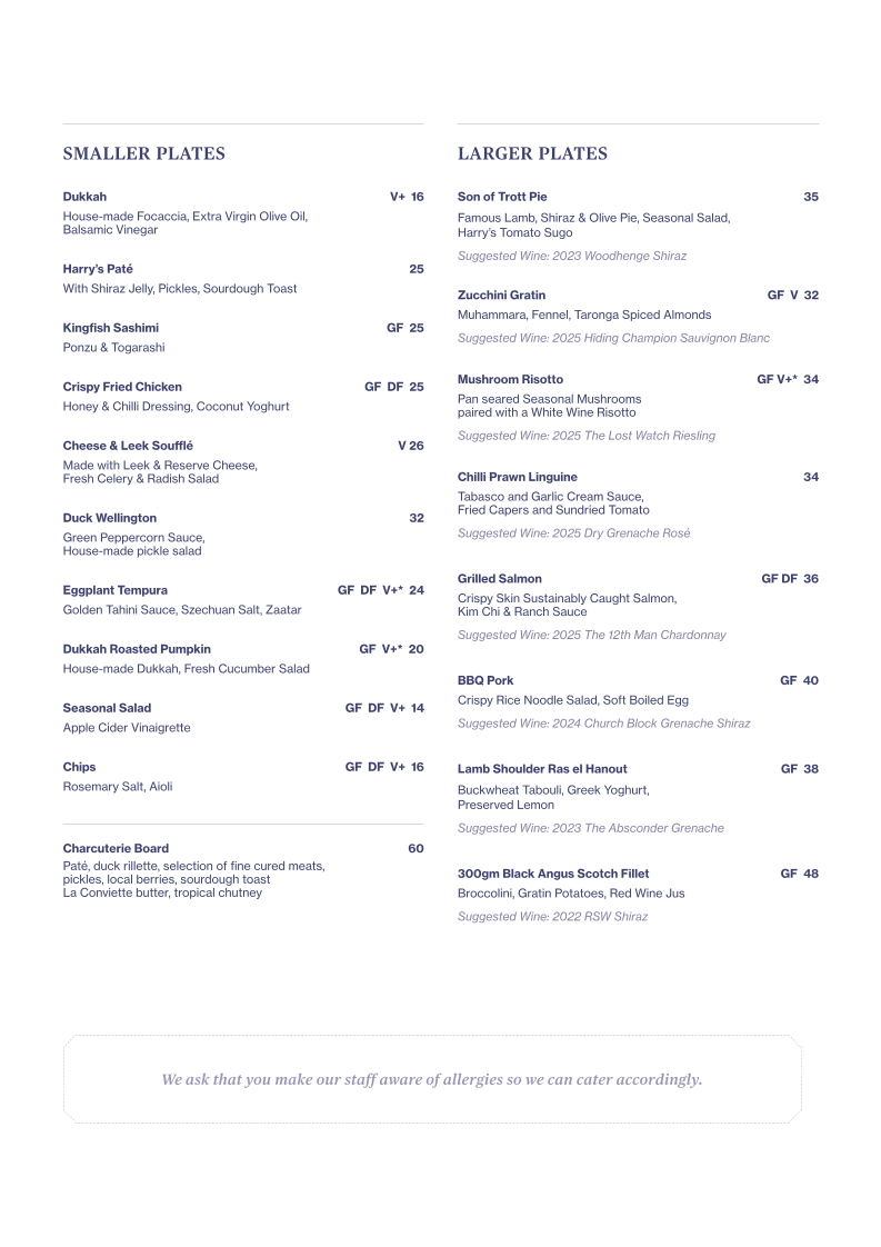 Menu, Harry's Deli