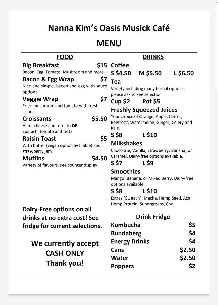 Menu, Nimbin Oasis