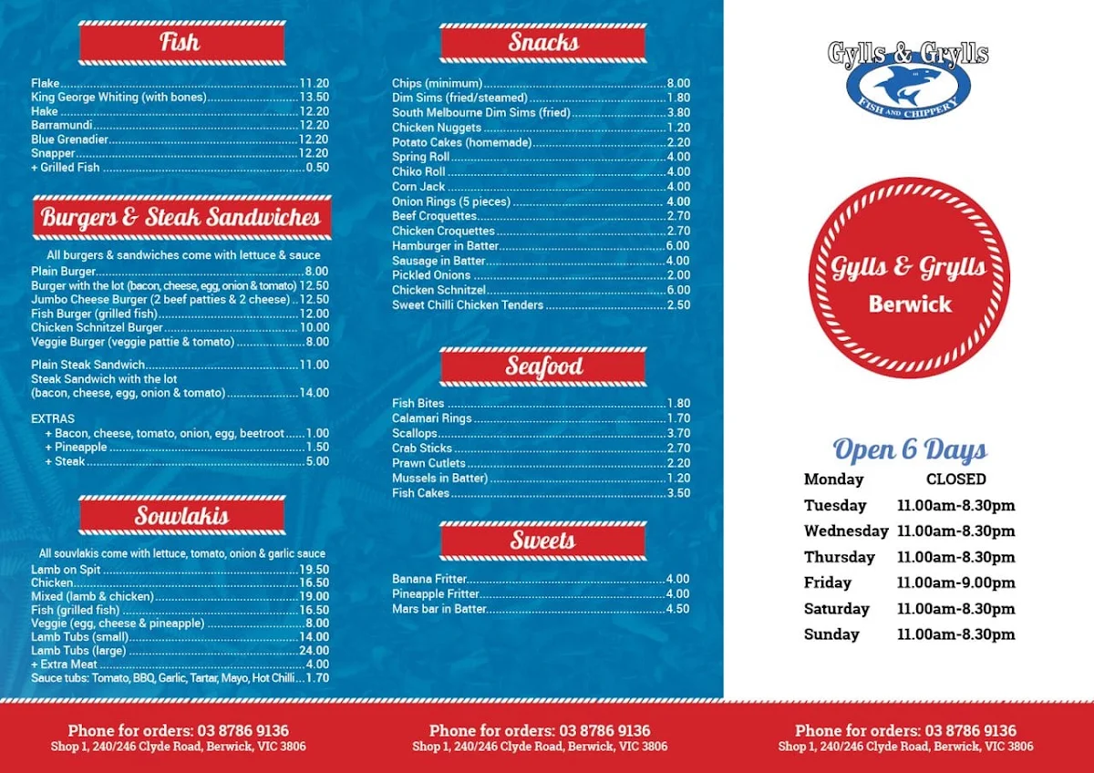 Menu, Gylls & Grylls Fish & Chippery Berwick