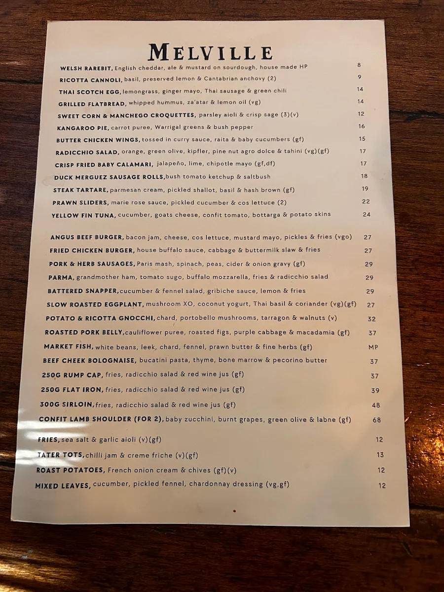 Menu, Captain Melville