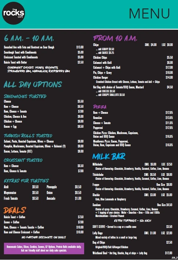 Menu, The Rocks Cafe