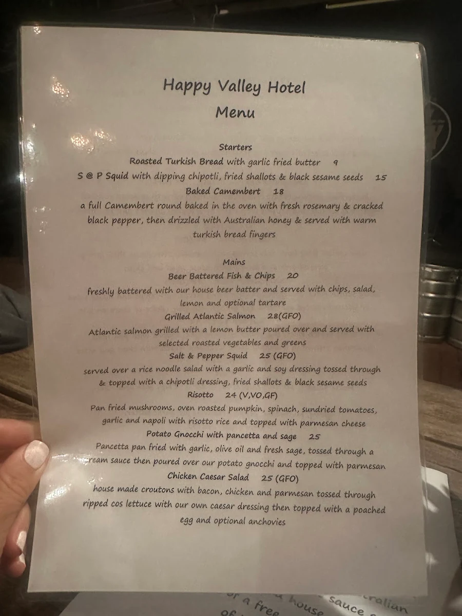 Menu, Happy Valley Hotel Ovens
