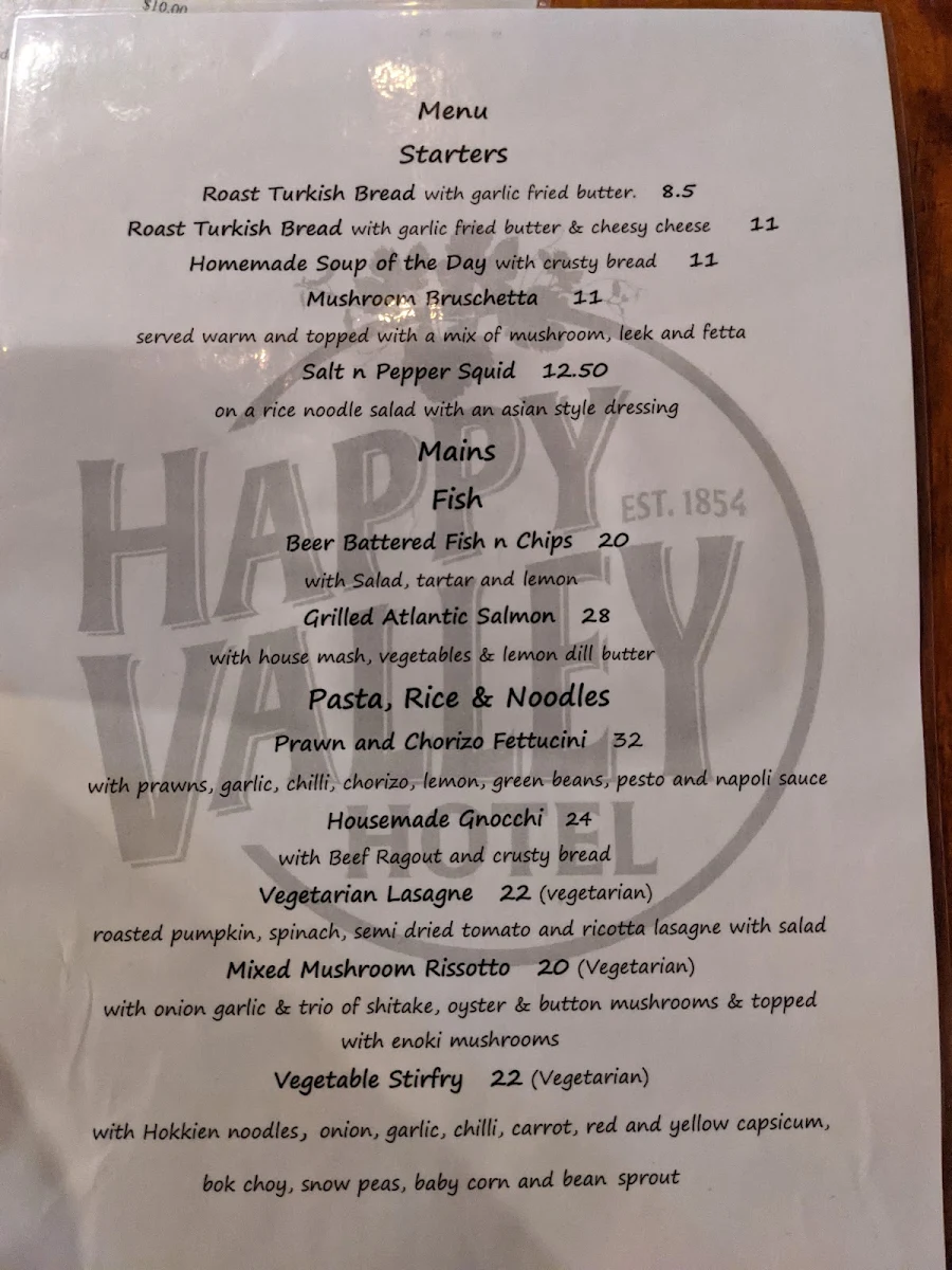 Menu, Happy Valley Hotel Ovens