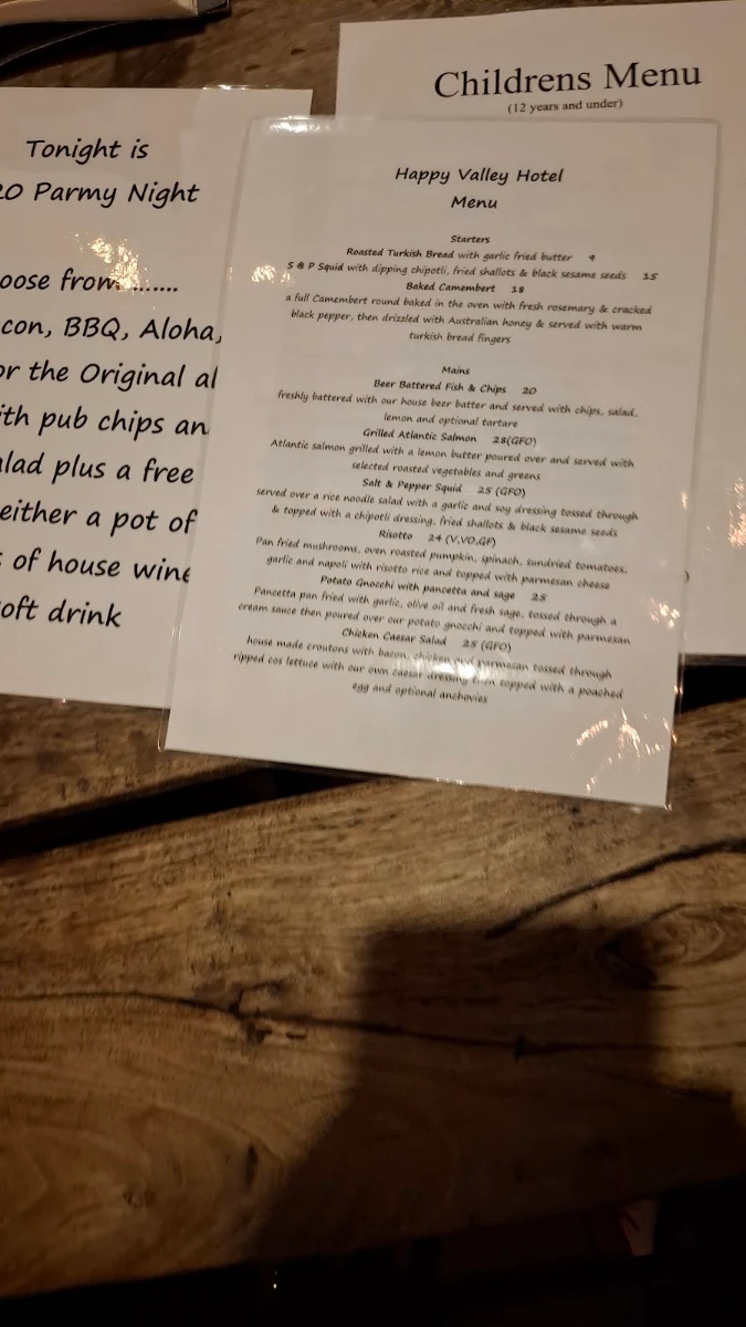 Menu, Happy Valley Hotel Ovens