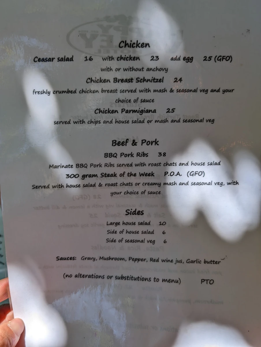 Menu, Happy Valley Hotel Ovens