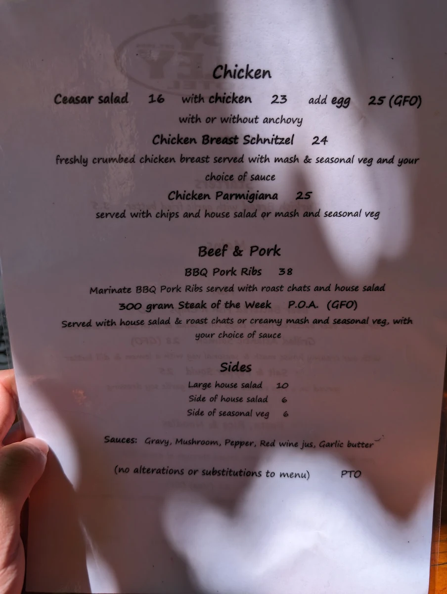 Menu, Happy Valley Hotel Ovens