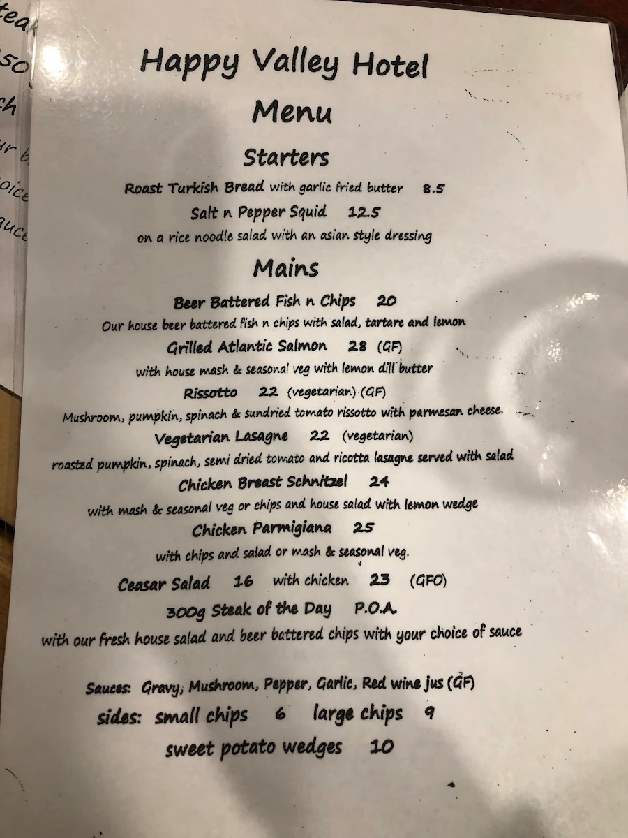 Menu, Happy Valley Hotel Ovens