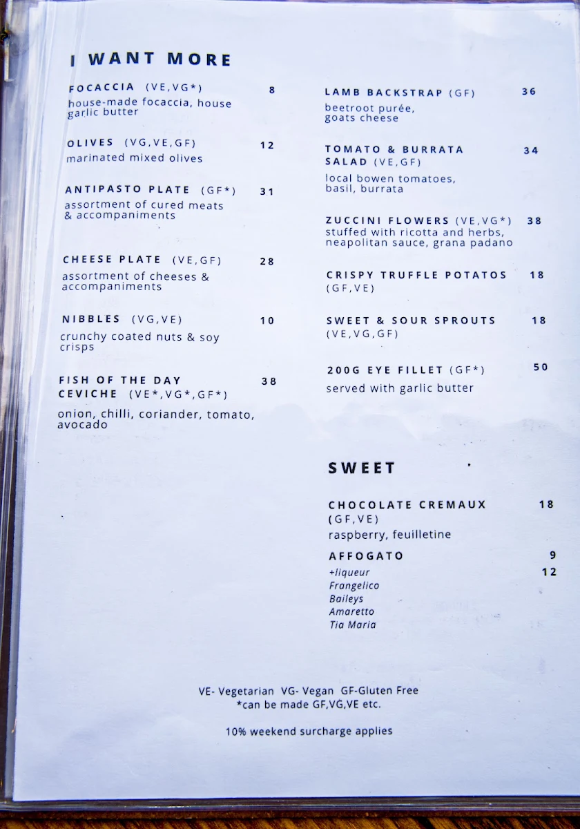 Menu, The Belvedere at Toscana