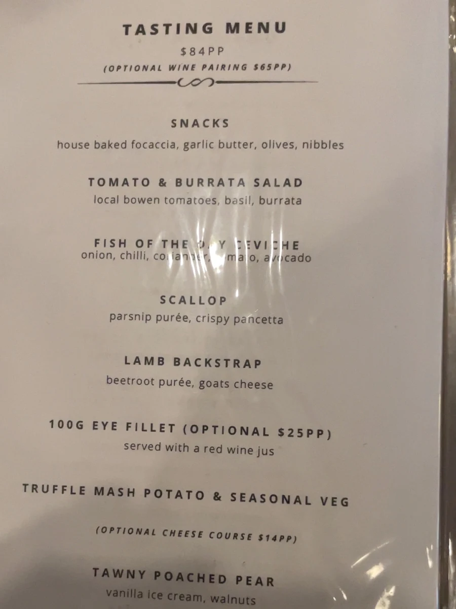 Menu, The Belvedere at Toscana