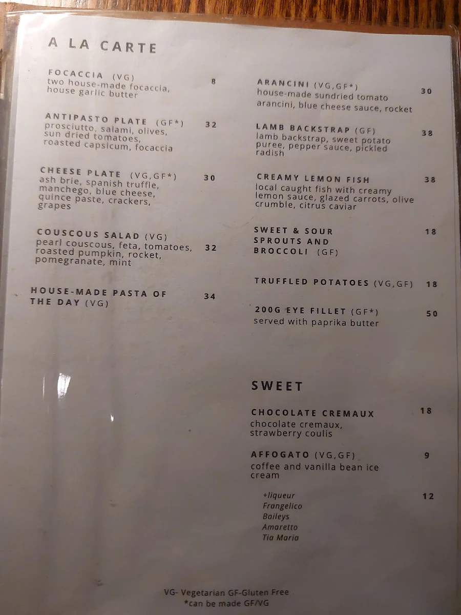 Menu, The Belvedere at Toscana