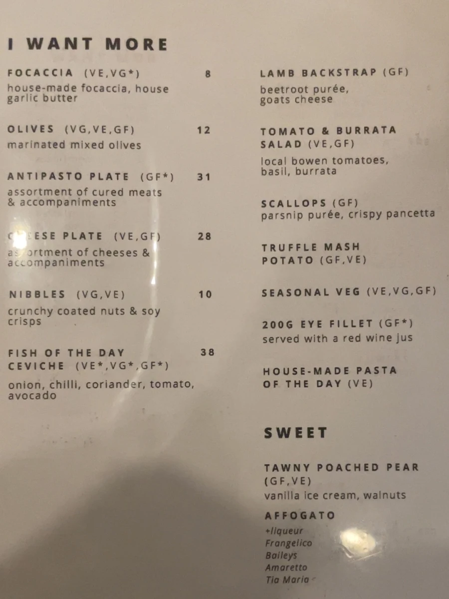 Menu, The Belvedere at Toscana