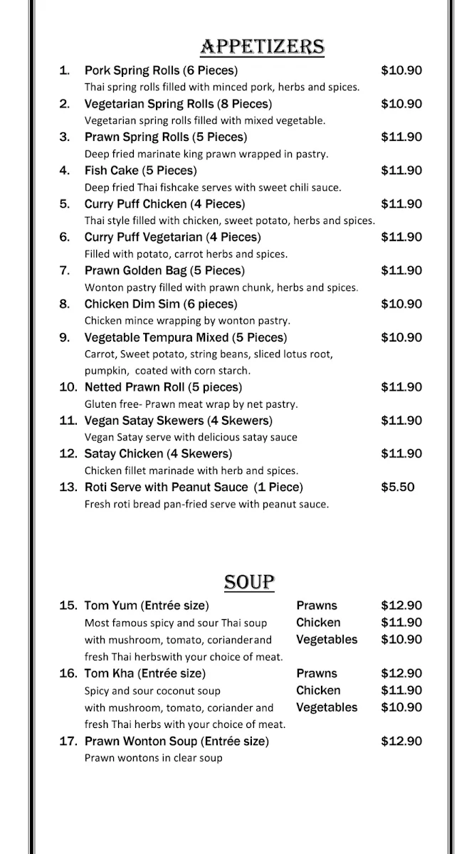 Menu, BlueStone Thai