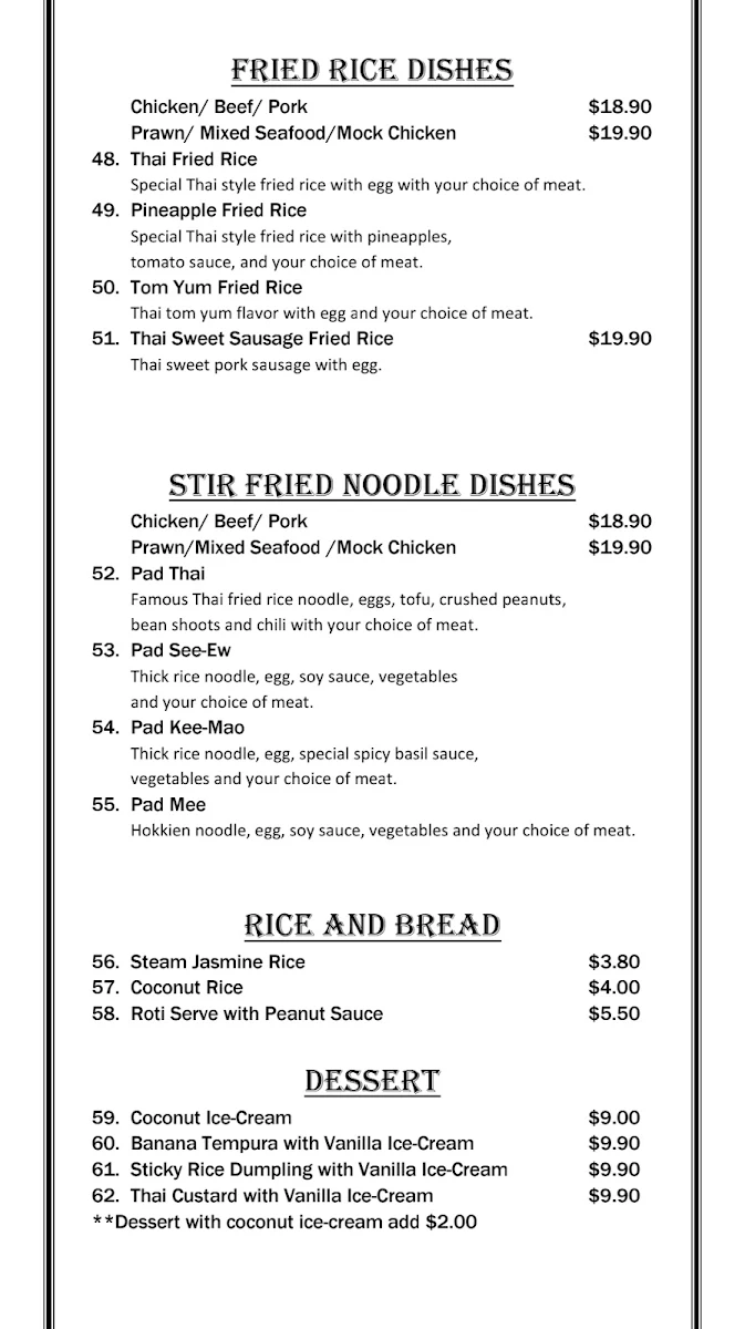 Menu, BlueStone Thai