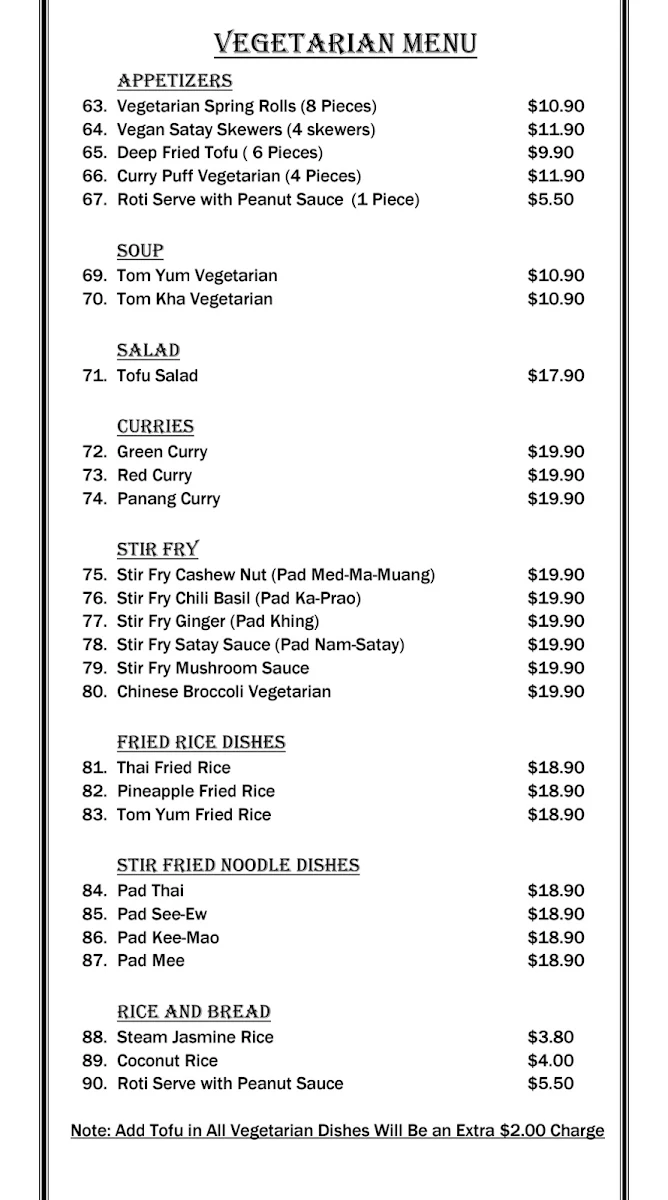 Menu, BlueStone Thai