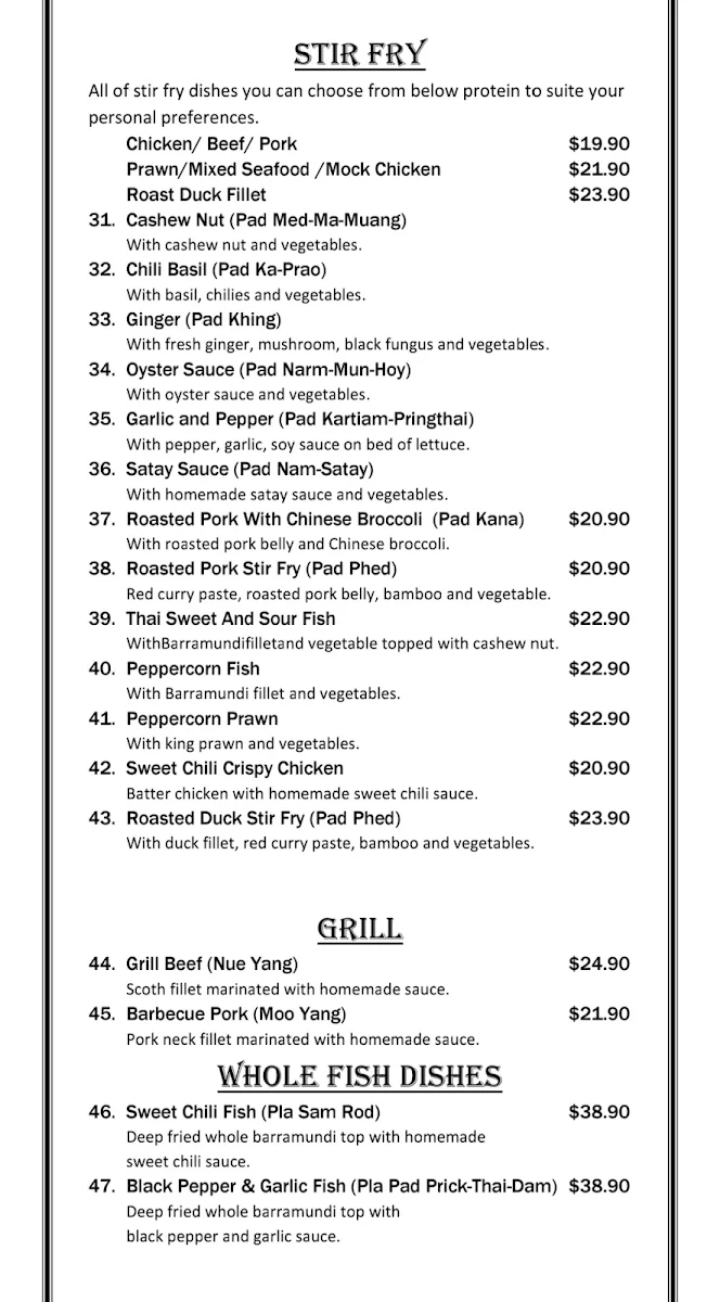 Menu, BlueStone Thai