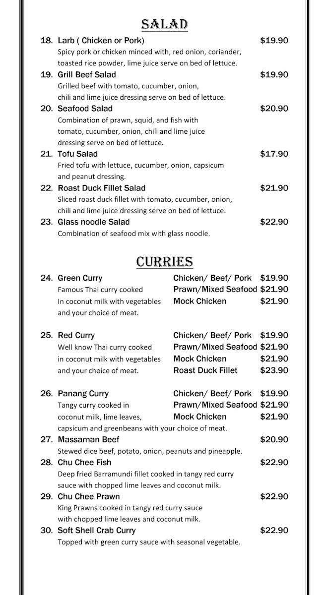 Menu, BlueStone Thai
