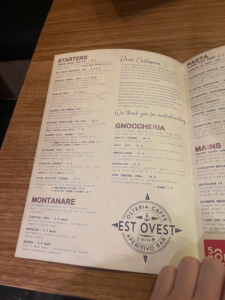 Menu, Est Ovest - Osteria | Caffe' | Aperitivo Bar